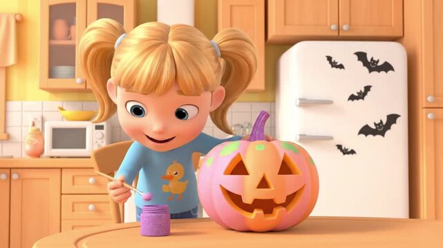 Girl decorates pastel jack-o&rsquo;-lantern in cozy kitchen with bat decals