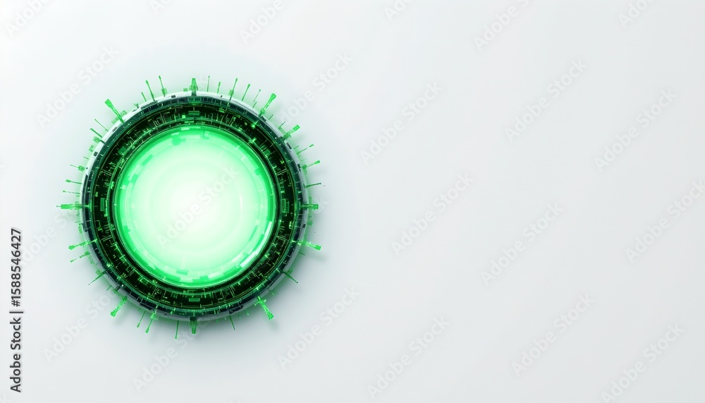 Poster an abstract view of a glowing green circular portal-like structure with white space. the futuristic 