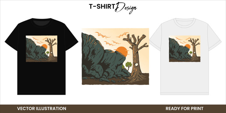 Sunset Forest Cliff Vector T-shirt Design or Print and Sticker. Retro Nature Illustration