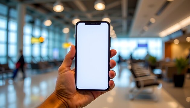 A hand holding a blank smartphone with airport background