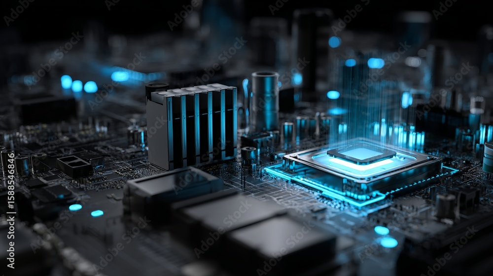 Poster illuminated motherboard showcasing processor's core functionality with cool blue glow, reflecting fu