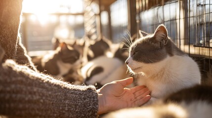 Volunteer tenderly interacts with a peaceful assembly of cats in a sunlit animal sanctuary, fostering a bond of compassion and care.