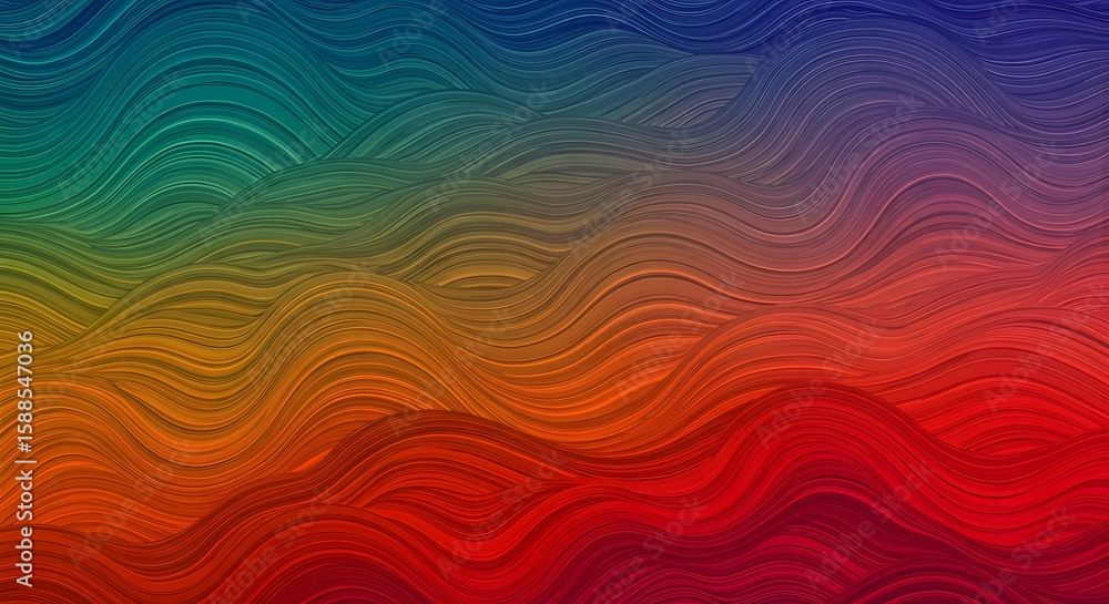 Poster abstract background with flowing, wavy lines in a gradient of vibrant colors ranging from blue and g