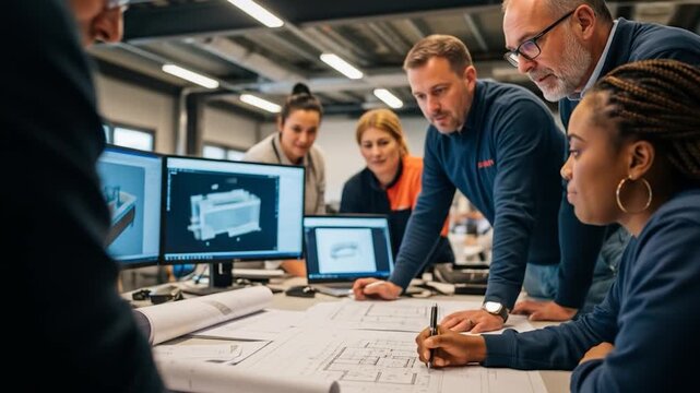 Diverse Engineering Team Collaborating on Blueprints and CAD Models in Modern Office