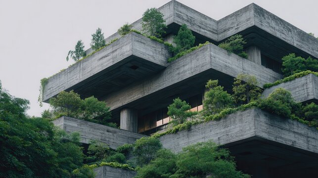 Stunning photo of gray concrete brutalist building, with green plants and trees growing on all levels and terraces, at daytime, real estate and property, eco green city concept.