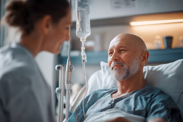 Nurse adjusting IV drip for male cancer patient resting in hospital bed, quiet and caring atmosphere.
