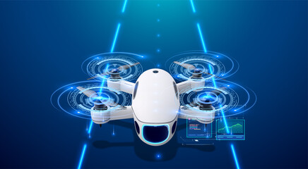 White four-rotor drone flies down a neon-lit corridor, ringed by holographic HUD circles and analytics panels that display propeller telemetry, autonomous navigation algorithms and smart aerial data.