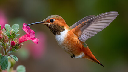 Fototapeta premium Hummingbird feeding from a flower, rapid wing motion, vibrant colors 