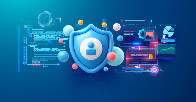 3D blue shield bearing a user avatar hovers among colorful spheres and holographic code windows, symbolising cybersecurity, data-privacy protection and secure software interfaces across futuristic