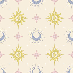 Cute seamless pattern with fairy tale theme of sun, moon and stars.