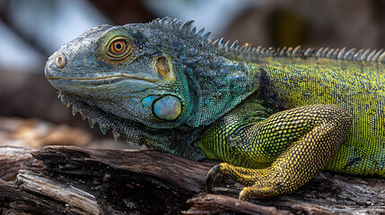 Fototapeta premium Iguana basking in the sun, detailed skin, vibrant greens 