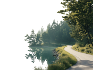 A scenic road curves along the tranquil edge of a shimmering lake.