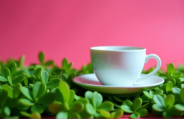 Fototapeta premium delicate coffee cup perches lush bed emerald greenery vibrant hot pink background bathed soft diffused morning light