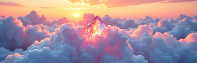 delicate cluster iridescent crystals suspended soft pastel cloud bank set aflame warm sunset hues gentle wisps