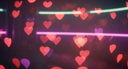 Romantic blurred background featuring soft focus bokeh lights and delicate floating red hearts