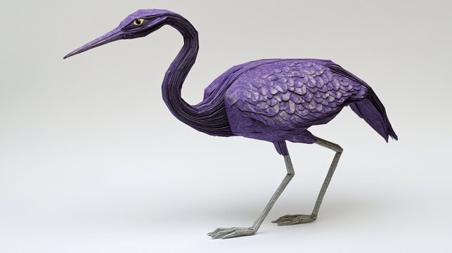 A graceful crane stands calmly in an indoor studio setting. The plain background enhances the serene and artistic mood of this peaceful scene during daytime.