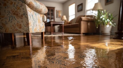 Stunning photo of close-up of a flooded living room floor from a water leak, highlighting the damage to furniture and flooring.