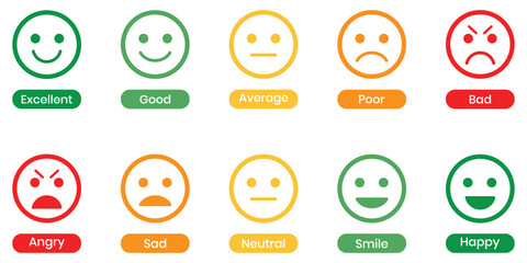 Emoji set bar bad to good feeling indicator for customer feedback. Emoji faces collection. Emojis flat style. Bad and Good Review. happy, smile, neutral, sad and angry emoji. Vector illustration.