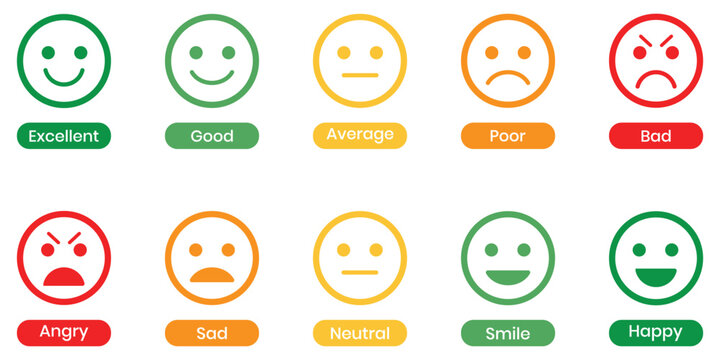 Emoji set bar bad to good feeling indicator for customer feedback. Emoji faces collection. Emojis flat style. Bad and Good Review. happy, smile, neutral, sad and angry emoji. Vector illustration.
