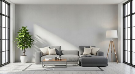 Spacious minimalist modern living room interior design featuring a comfortable sofa and elegant coffee table.