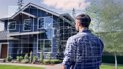 Man analyzing architectural plans while standing in front of a modern house with trees in the background