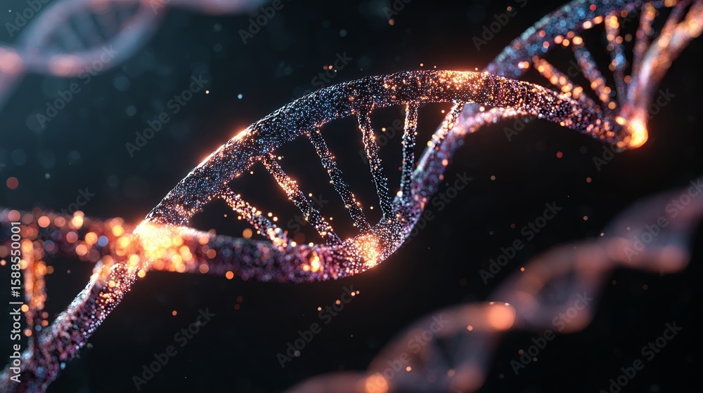 Poster intricate dna strand with illuminating particles, symbolizing genetic code and scientific advancemen