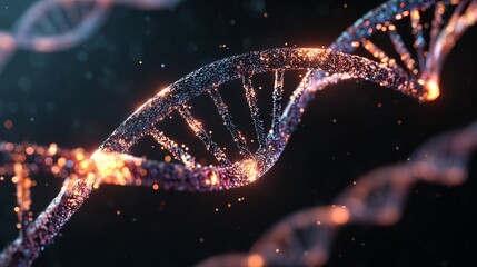 Intricate DNA strand with illuminating particles, symbolizing genetic code and scientific advancements in a dark and glowing scene.