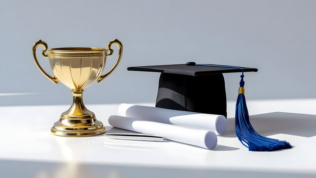 Graduation Cap with Trophy and Diploma Scroll – Symbol of Academic Excellence