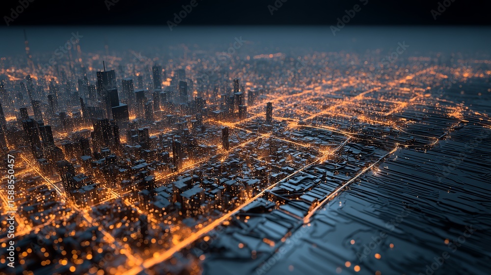 Poster abstract illuminated cityscape portrays interconnected technological network with glowing lines and 