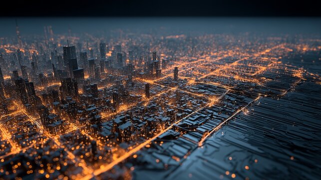 Abstract illuminated cityscape portrays interconnected technological network with glowing lines and simulated urban environment as advanced visualization - Powered by Adobe