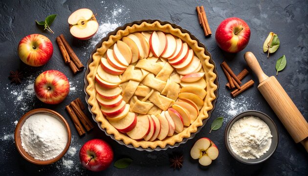 Apple Pie in the Making- A flat lay of pie dough, sliced apples, cinnamon sticks