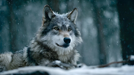 Obraz premium Wolf in a snow-covered forest, glowing eyes, chilling atmosphere 