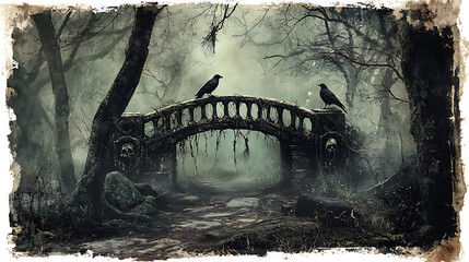 An ancient, eerie stone bridge with skulls in a haunted, misty forest landscape. Two dark ravens are perched on the gothic arch, guarding the mysterious path.