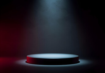 Black podium on a dark, smoky background, spotlight illuminating the center, dramatic shadows, studio shot.