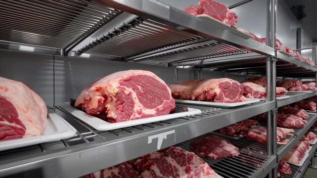Fresh raw pork meat white trays cold storage room with metal shelves, bright lighting for safe meat processing and preservation