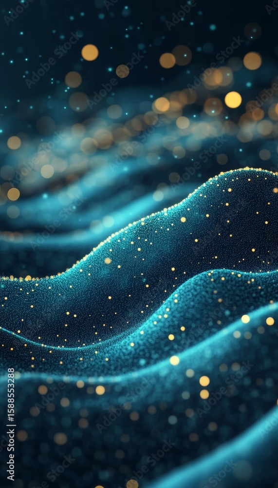 Poster a high resolution abstract visualization of glowing golden dots creating futuristic data networks