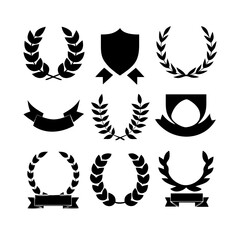 set of Laurel wreath, wing, shield, ribbon, banners, Containing. shield, ribbon, banners for awards, heraldry, logos, badges, and branding designs vector illustration Collection of vintage heraldic 
