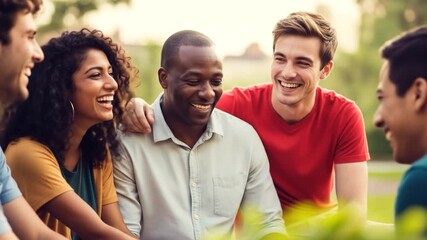 Diverse Group of Friends Laughing Together Outdoors, Enjoying a Sunny Day