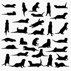 A collection of otter silhouettes in various poses, including standing, swimming, lying down, and looking around, all isolated on a transparent background.