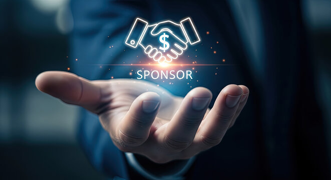 Sponsorship Opportunity: Hand Offering Partnership with Dollar Sign Handshake Icon for Business Success, Financial Support and Investment Deals