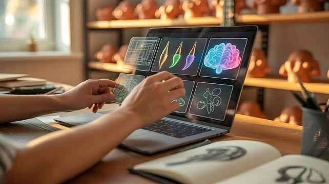 A designer is working on a digital brain design on a laptop