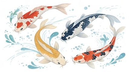 Fototapeta premium Colorful Japanese Koi Fish Set – Watercolor Illustration with Splash Elements