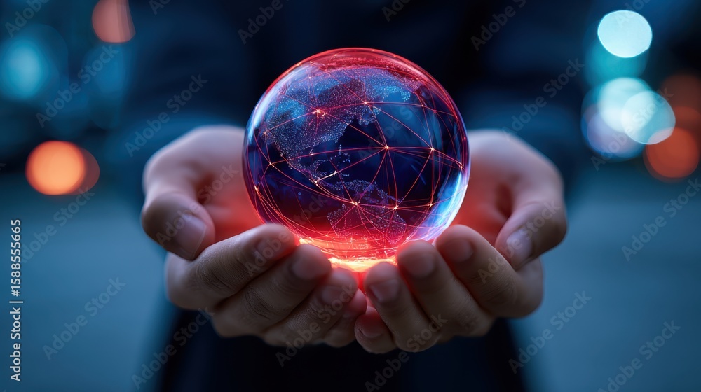 Poster human hands gently cradling a glowing digital globe with interconnected lines representing global ne