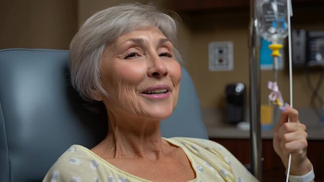 Elderly woman receiving IV Therapy in Clinical Setting intravenous therapy hospital chair smiling with hope comfort joyful expression medical clinic patient drip