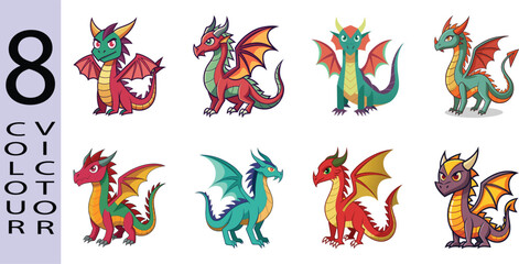 Flat Dragon Illustration Mythical Fire Creature and Fantasy Vector Icon,8 COLOUR VICTOR.