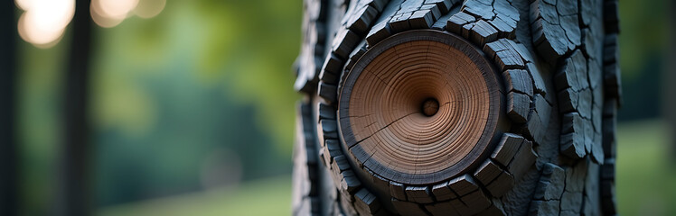 shot tree trunk rugged grey bark showcases concentric growth rings soft muted light subtle texture shadow