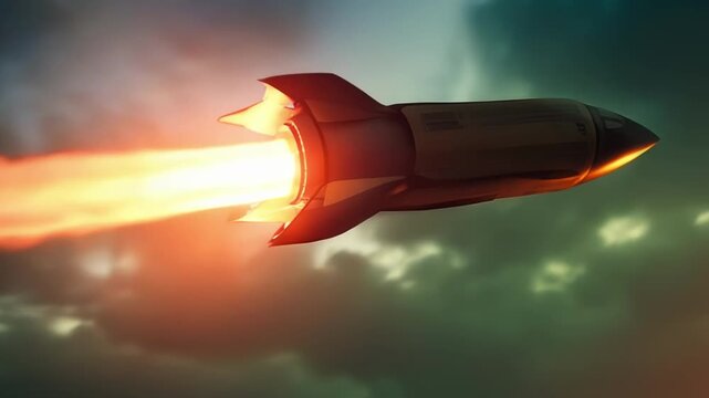 A missile with a nuclear warhead flies above the Earth, invincible force and danger