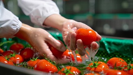 Fresh red tomato washing by hand with water droplets, vibrant vegetable showing cleanliness and freshness in clean environment - Powered by Adobe
