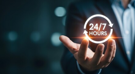 Businessman presenting a glowing 24 7 hours service icon with arrows.