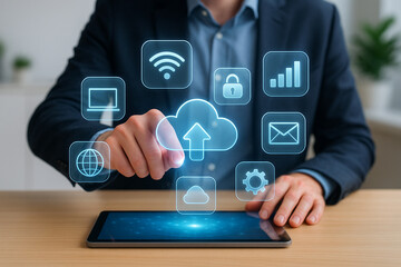 Businessman using cloud computing interface on tablet for data storage and secure access
